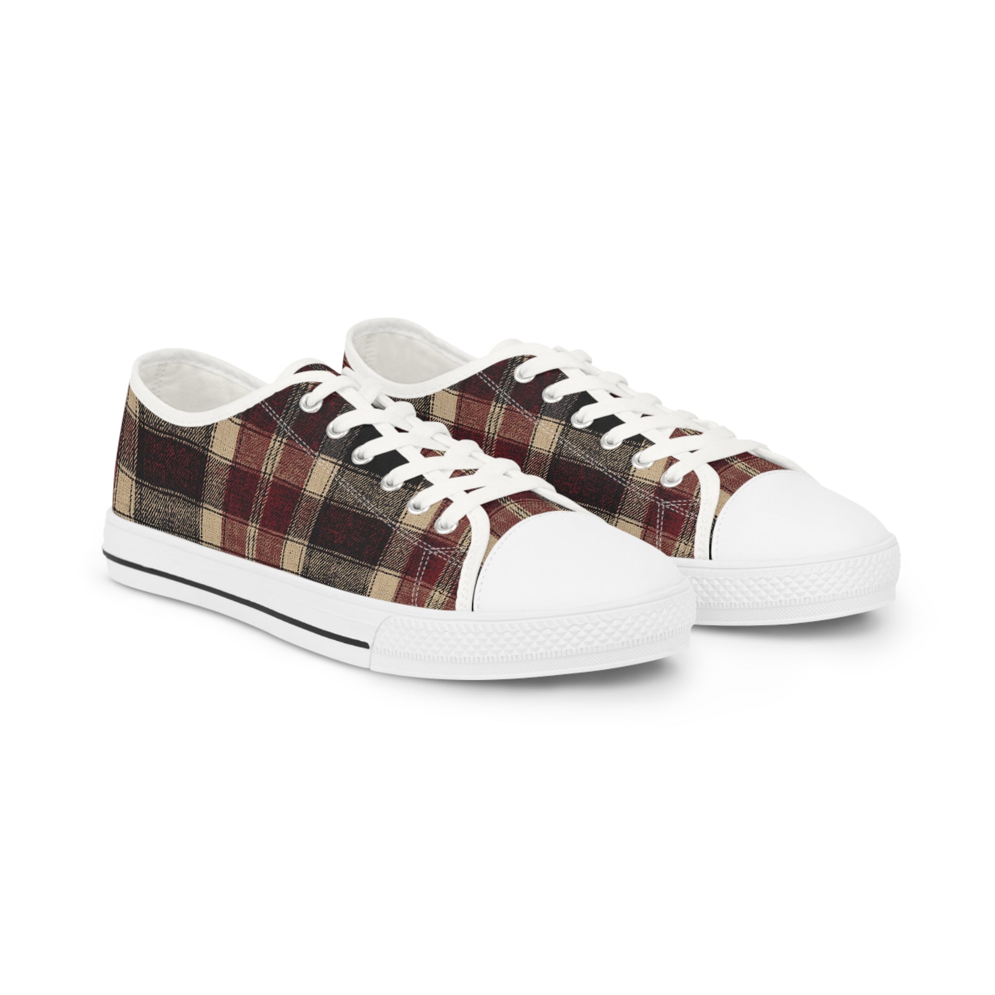 Plaid Low Top Sneakers — Vintage Red & Brown Casual Canvas Shoes