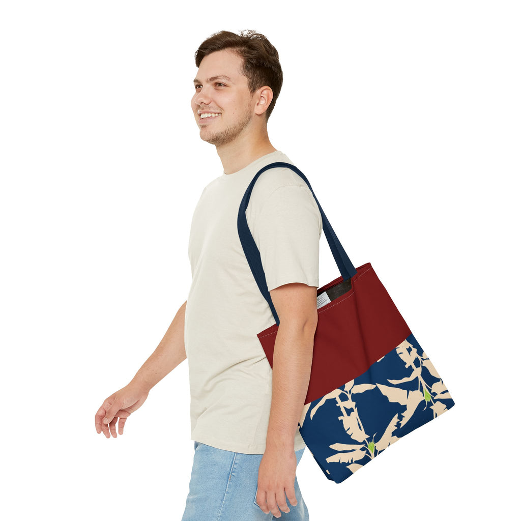 Red Navy Botanical Leaf Pattern Tote Bag