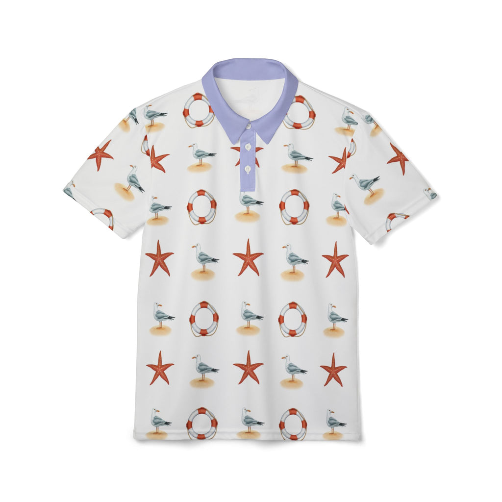 Nautical Pattern Polo Shirt – Seagulls, Starfish & Lifebuoy Print