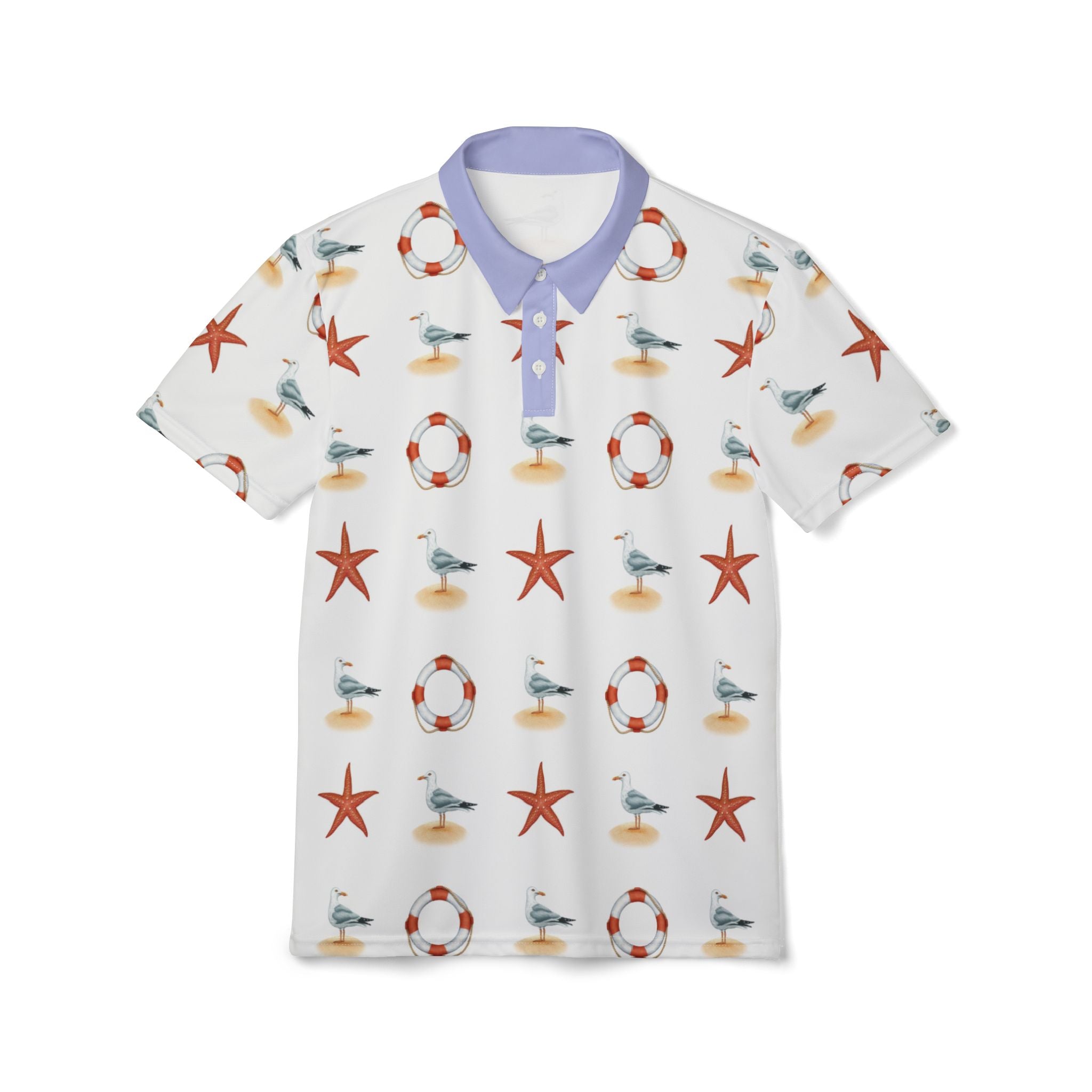 Nautical Pattern Polo Shirt – Seagulls, Starfish & Lifebuoy Print
