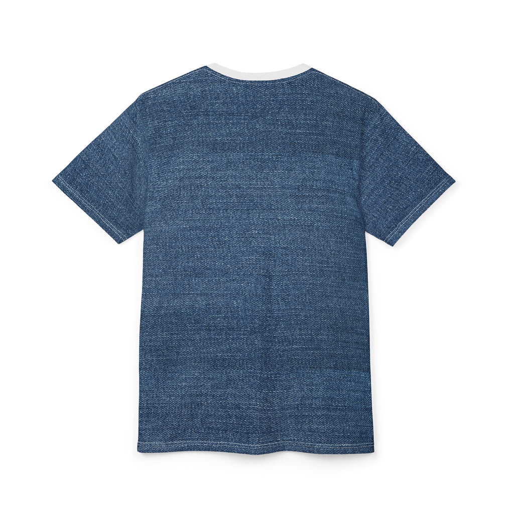 A short-sleeve crewneck t-shirt in a textured blue fabric, shown from the back on a plain white background.