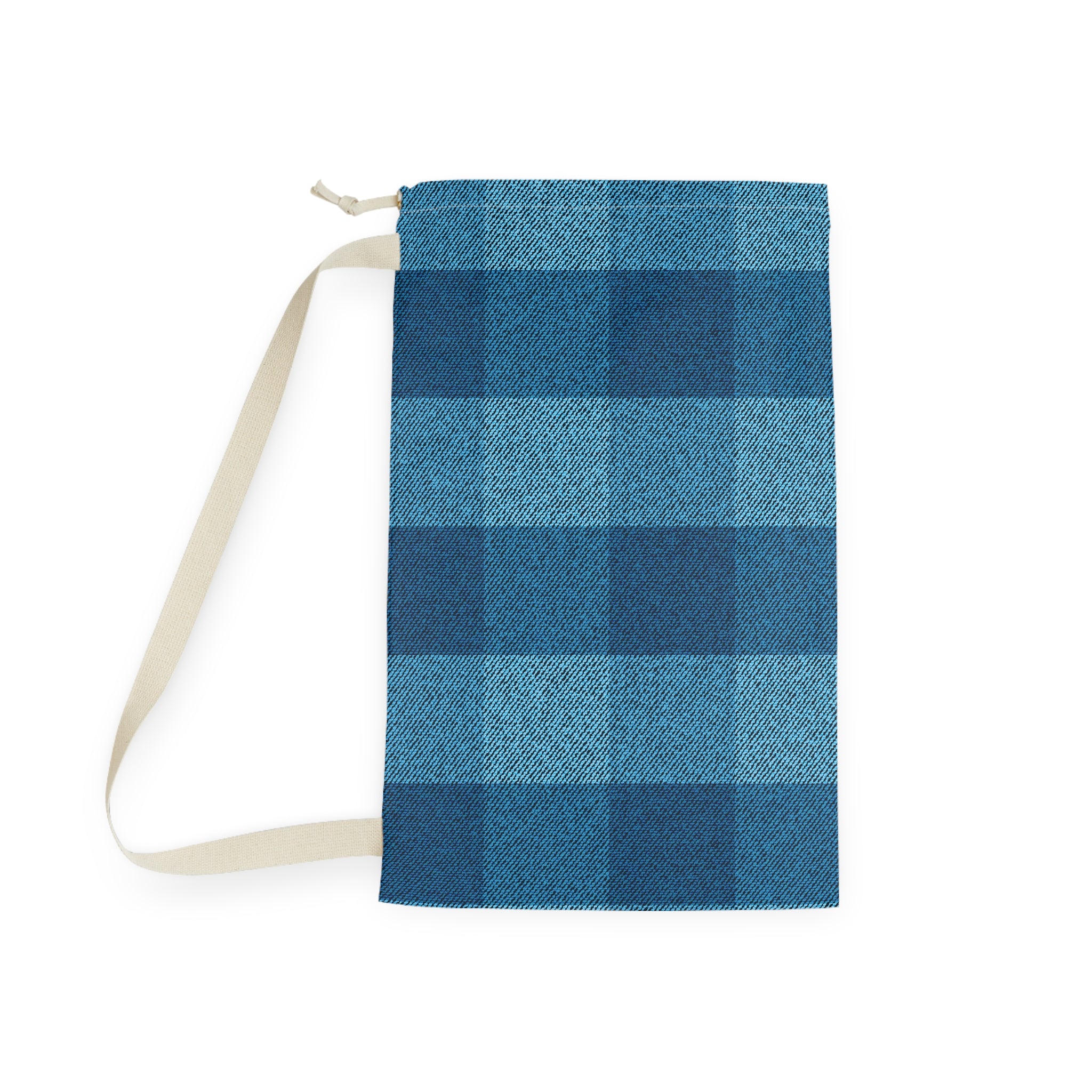 A blue buffalo plaid fabric pouch with a cream-colored strap, shown on a plain white background.
