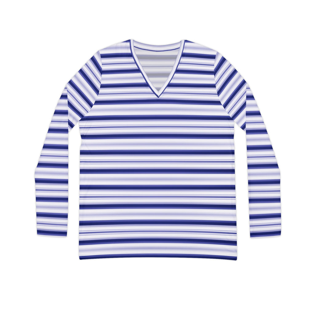 Women's Blue Stripe V-Neck Long Sleeve Shirt