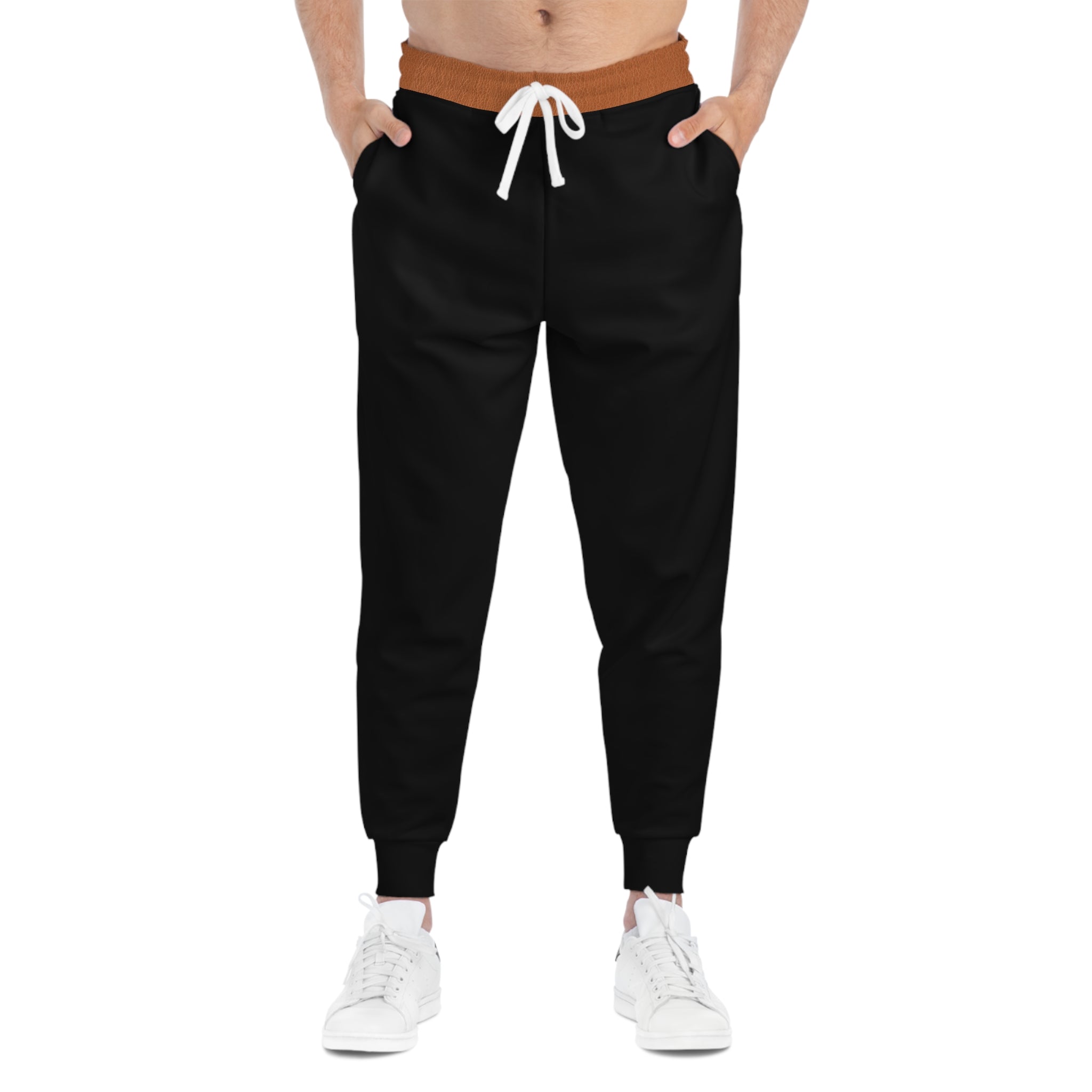 Black jogger pants with white drawstring on a white background