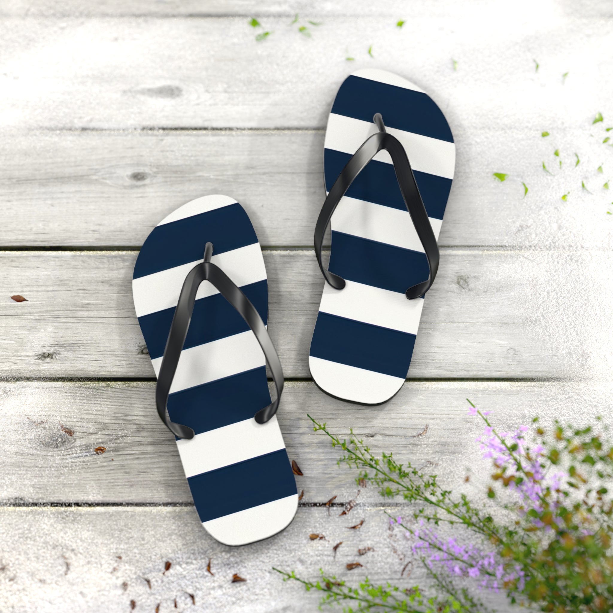 Navy & White Striped Flip Flops — Classic Beach Sandals