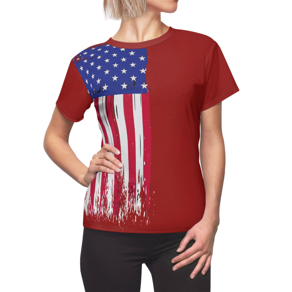 Women's American Flag Tee - Distressed Patriotic Cut & Sew Shirt