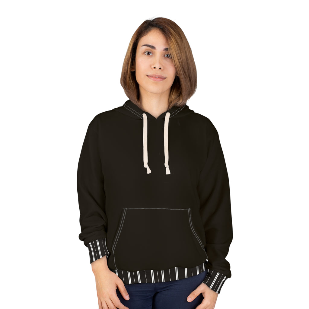 Black White Striped Cuff Hoodie — Cozy Unisex Pullover w Black White Trim
