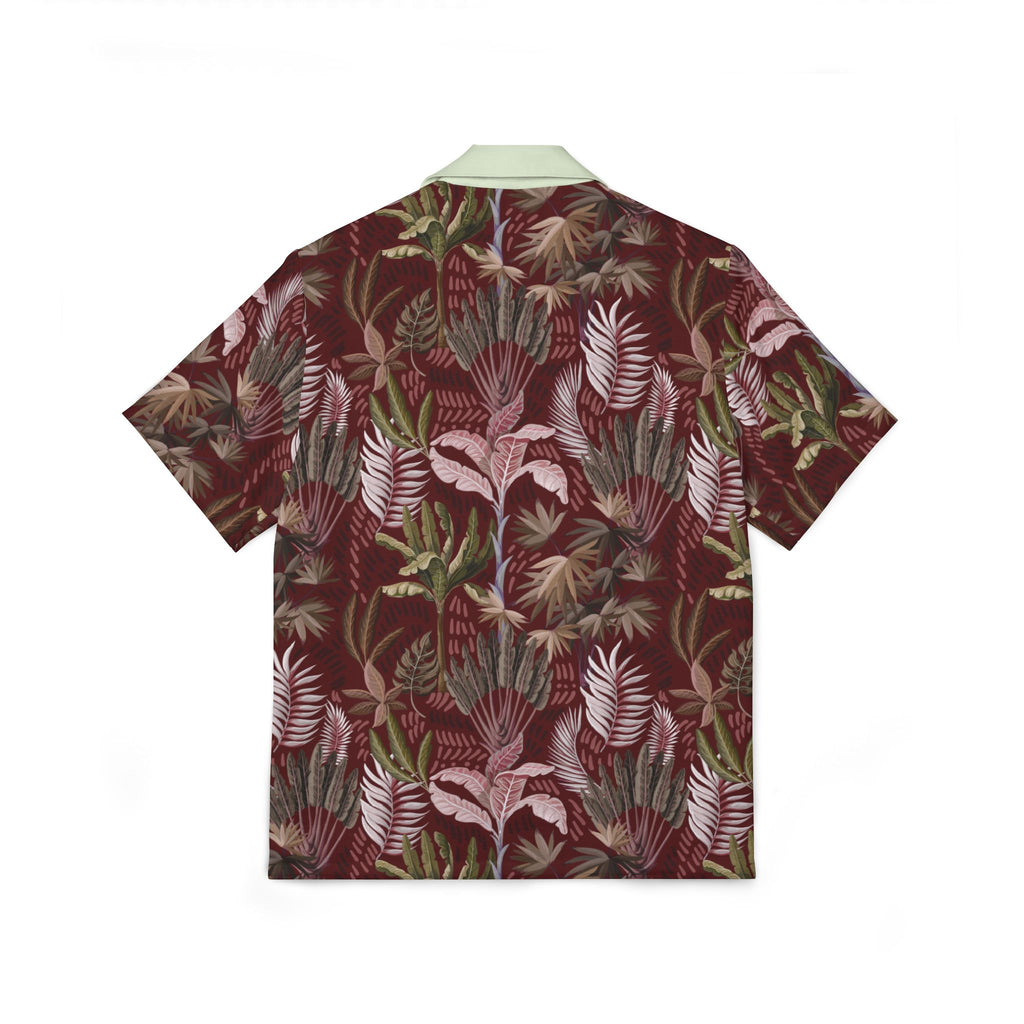 Tropical Leaf Hawaiian Camp Shirt — Men's Burgundy Palm Print AOP