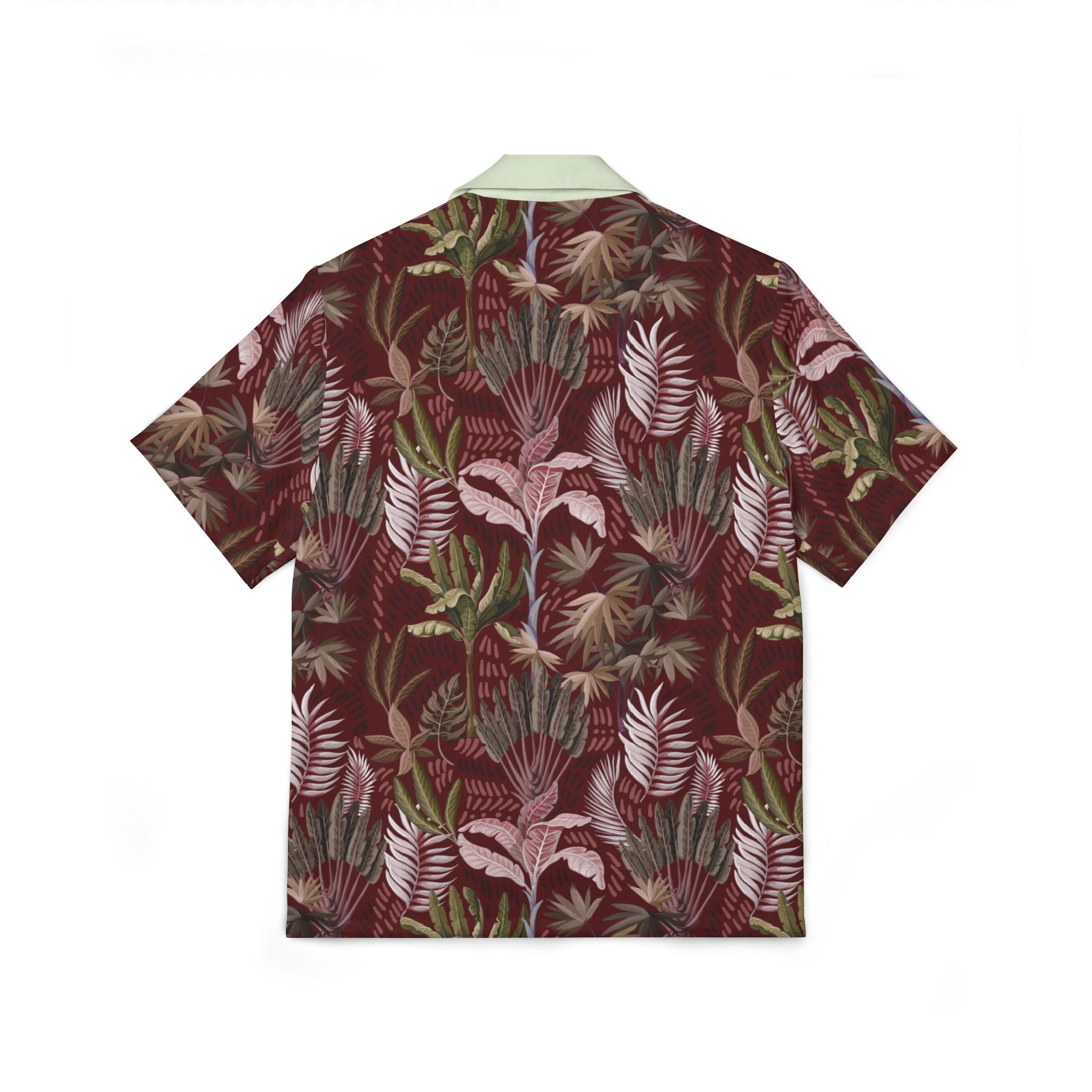 Tropical Leaf Hawaiian Camp Shirt — Men's Burgundy Palm Print AOP