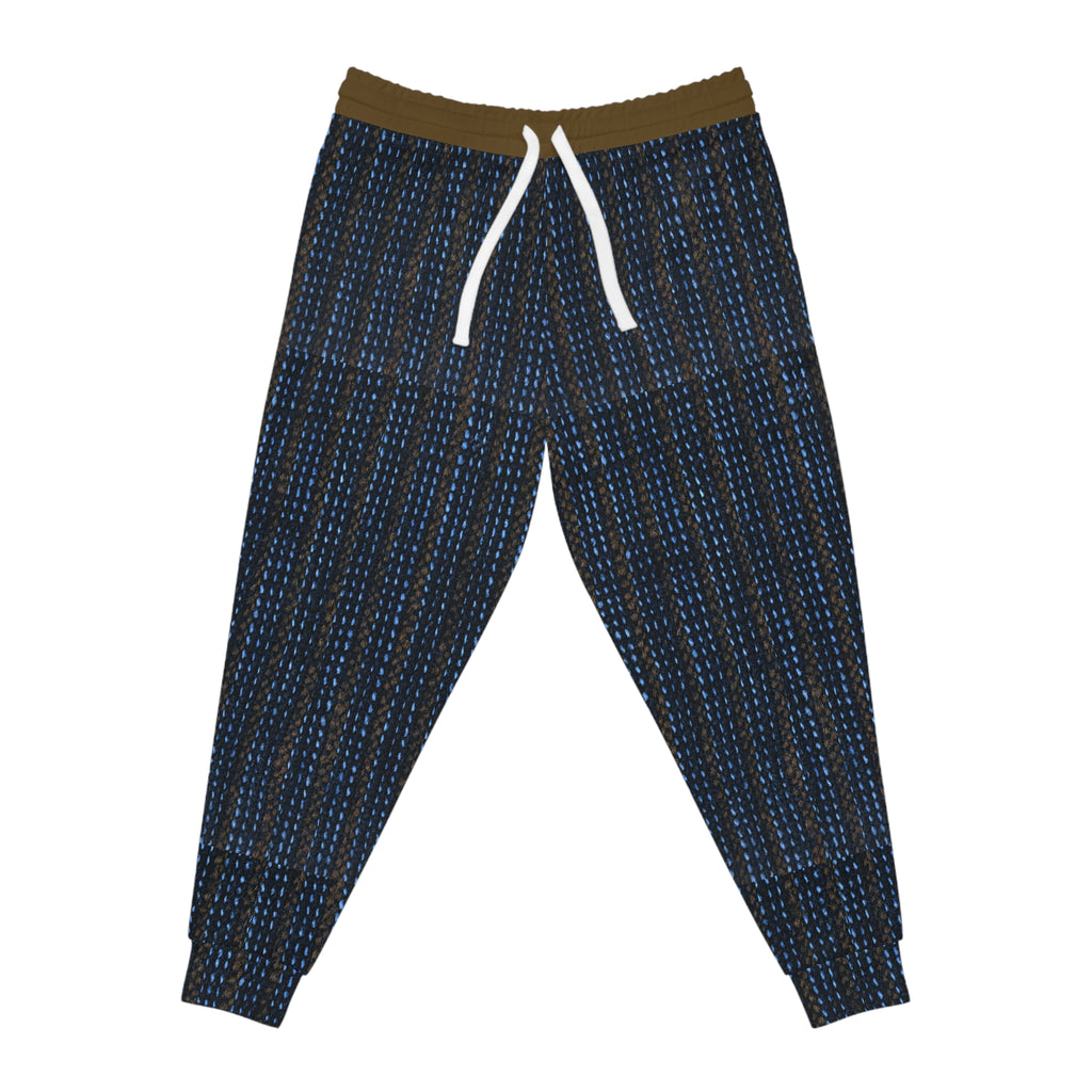 A pair of jogger-style pants with a dark navy blue and black textured pattern, featuring a contrasting olive green waistband and white drawstrings, shown against a plain white background.