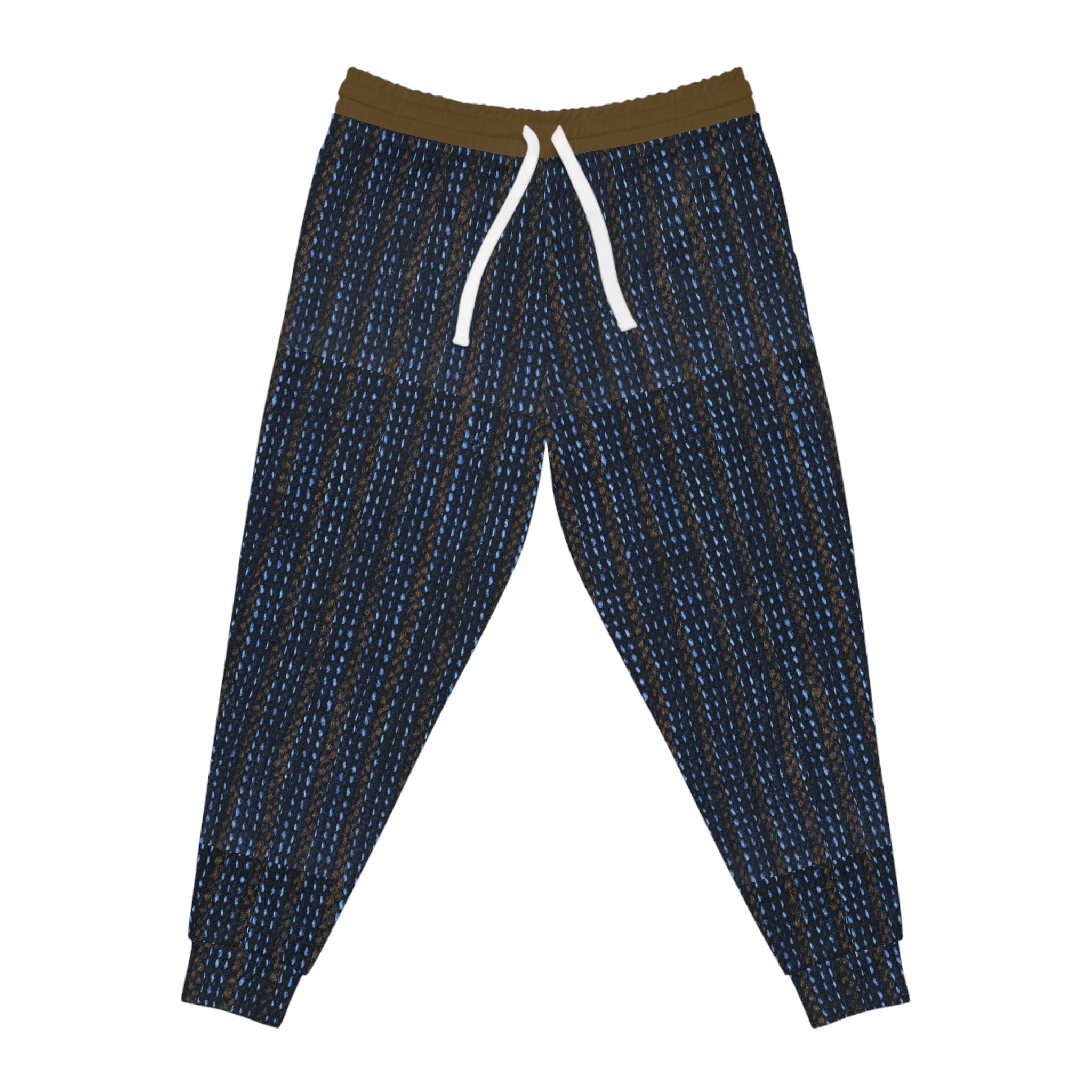 A pair of jogger-style pants with a dark navy blue and black textured pattern, featuring a contrasting olive green waistband and white drawstrings, shown against a plain white background.