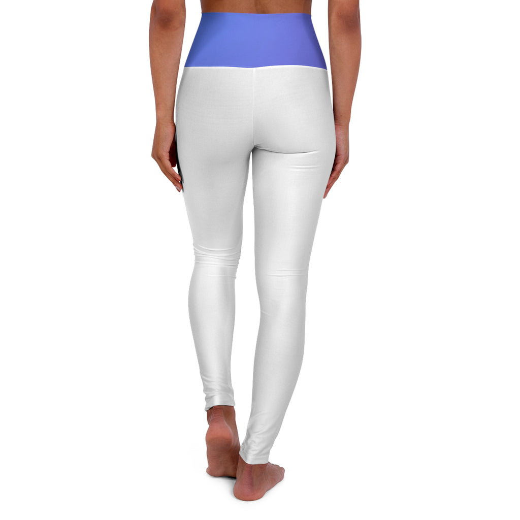 White high-waisted leggings with a contrasting light blue waistband, shown on a model from the back against a plain white background.