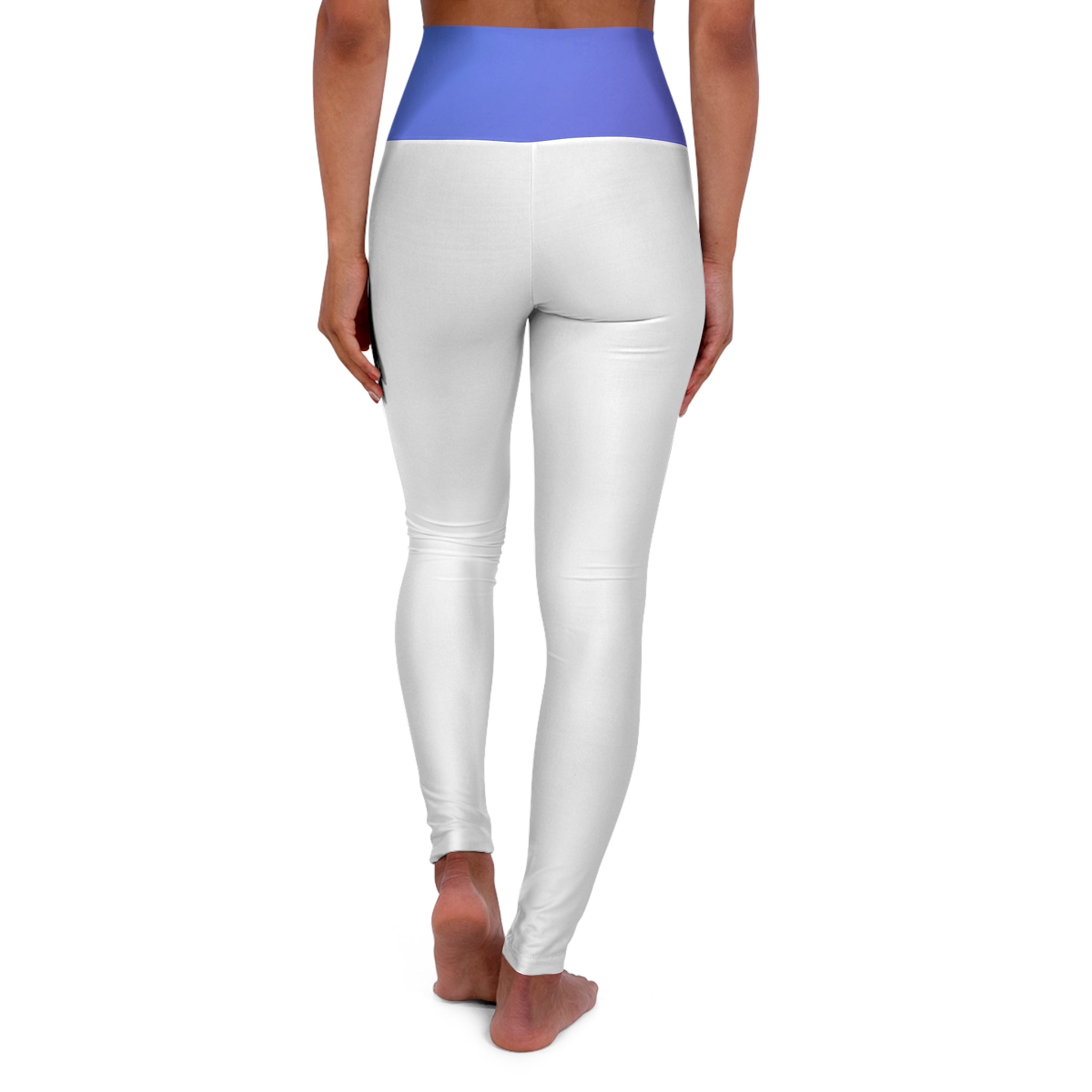 White high-waisted leggings with a contrasting light blue waistband, shown on a model from the back against a plain white background.