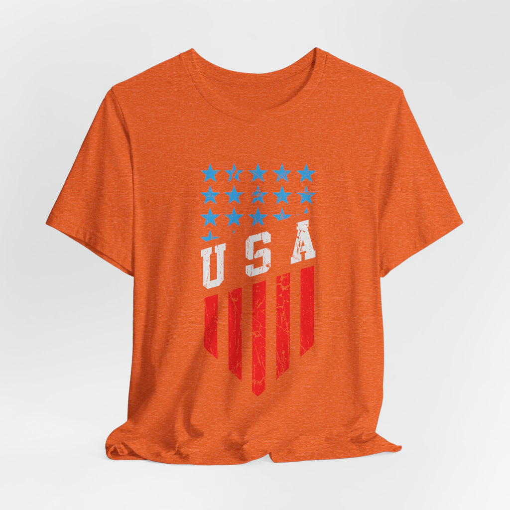Orange t-shirt with American flag design on a white background