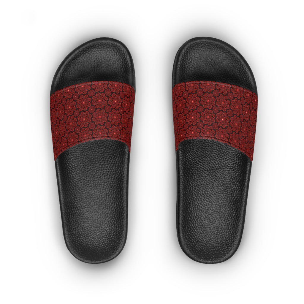 Women's Slide Sandals – Red Floral Mosaic Pattern Comfort Slides