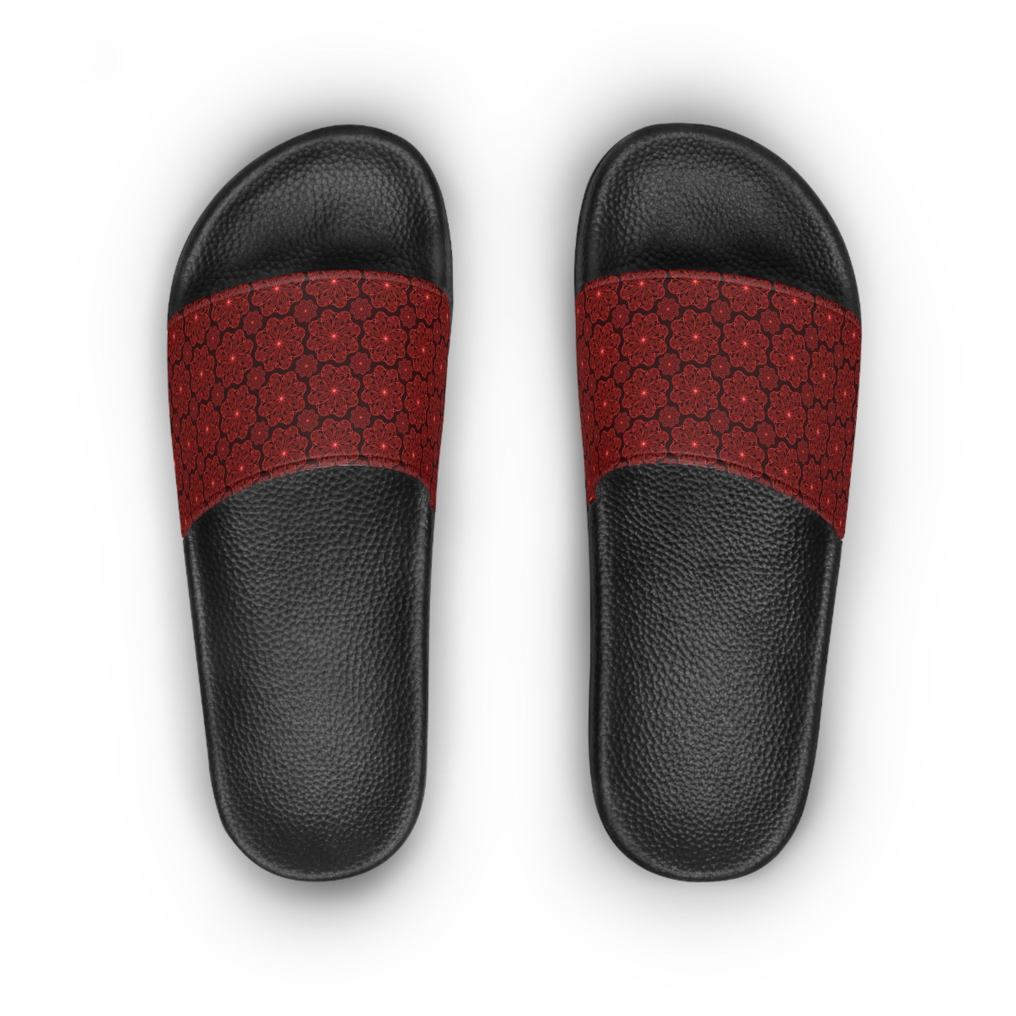 Women's Slide Sandals – Red Floral Mosaic Pattern Comfort Slides
