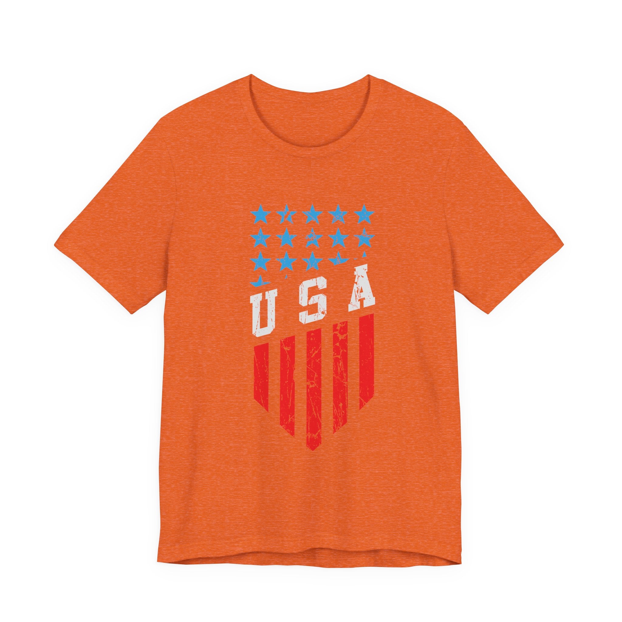 Orange t-shirt with USA graphic design on a white background