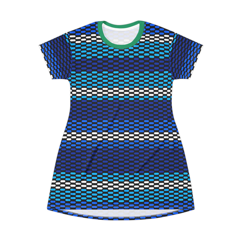 Blue Green Woven Stripe T‑Shirt Dress – All‑Over Print Casual Shift Dress