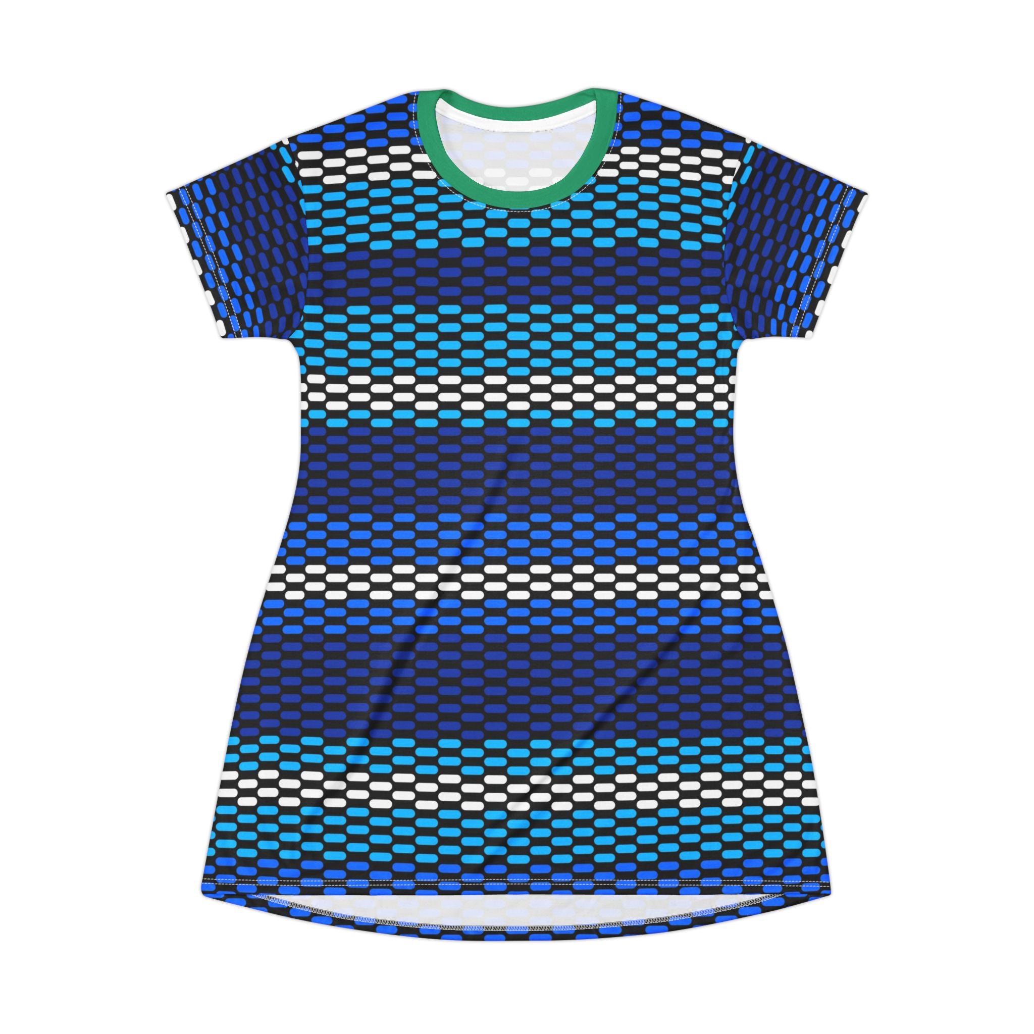Blue Green Woven Stripe T‑Shirt Dress – All‑Over Print Casual Shift Dress
