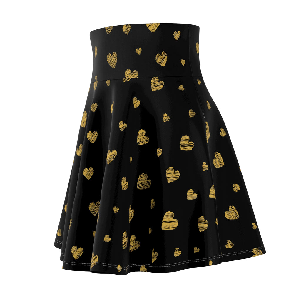 Gold Heart Pattern Skater Skirt | Black Gold Heart Print Skirt