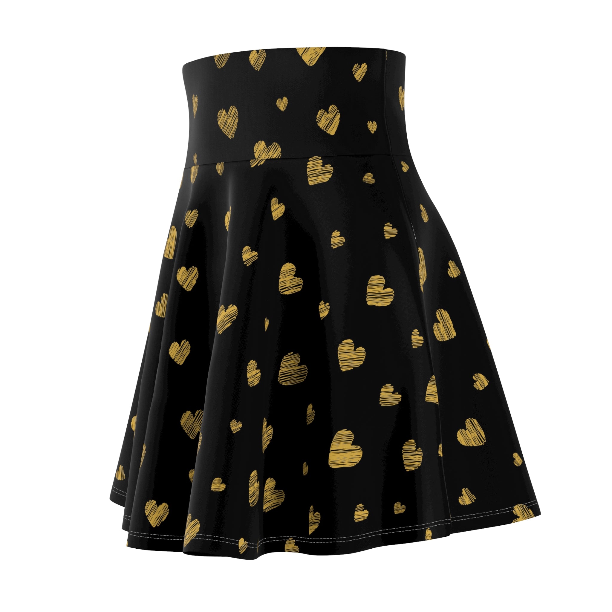 Gold Heart Pattern Skater Skirt | Black Gold Heart Print Skirt