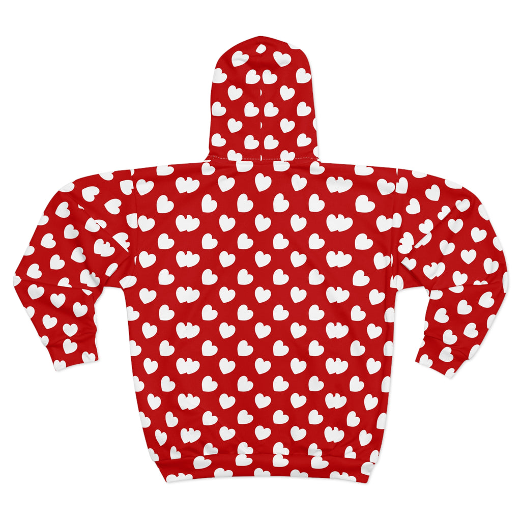 White Heart Pattern Hoodie | Red All-Over Print