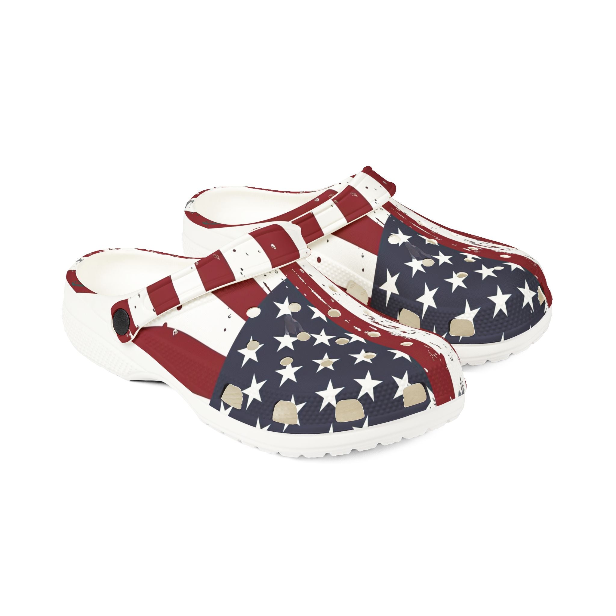 Pair of clogs with American flag design on a white background