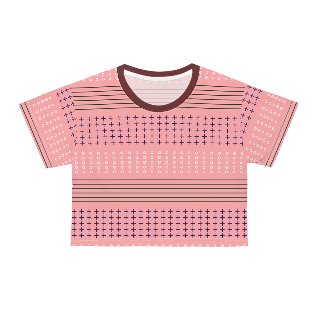 Pink Geometric Crop Tee — Retro Stripe & Cross Pattern Crop Top