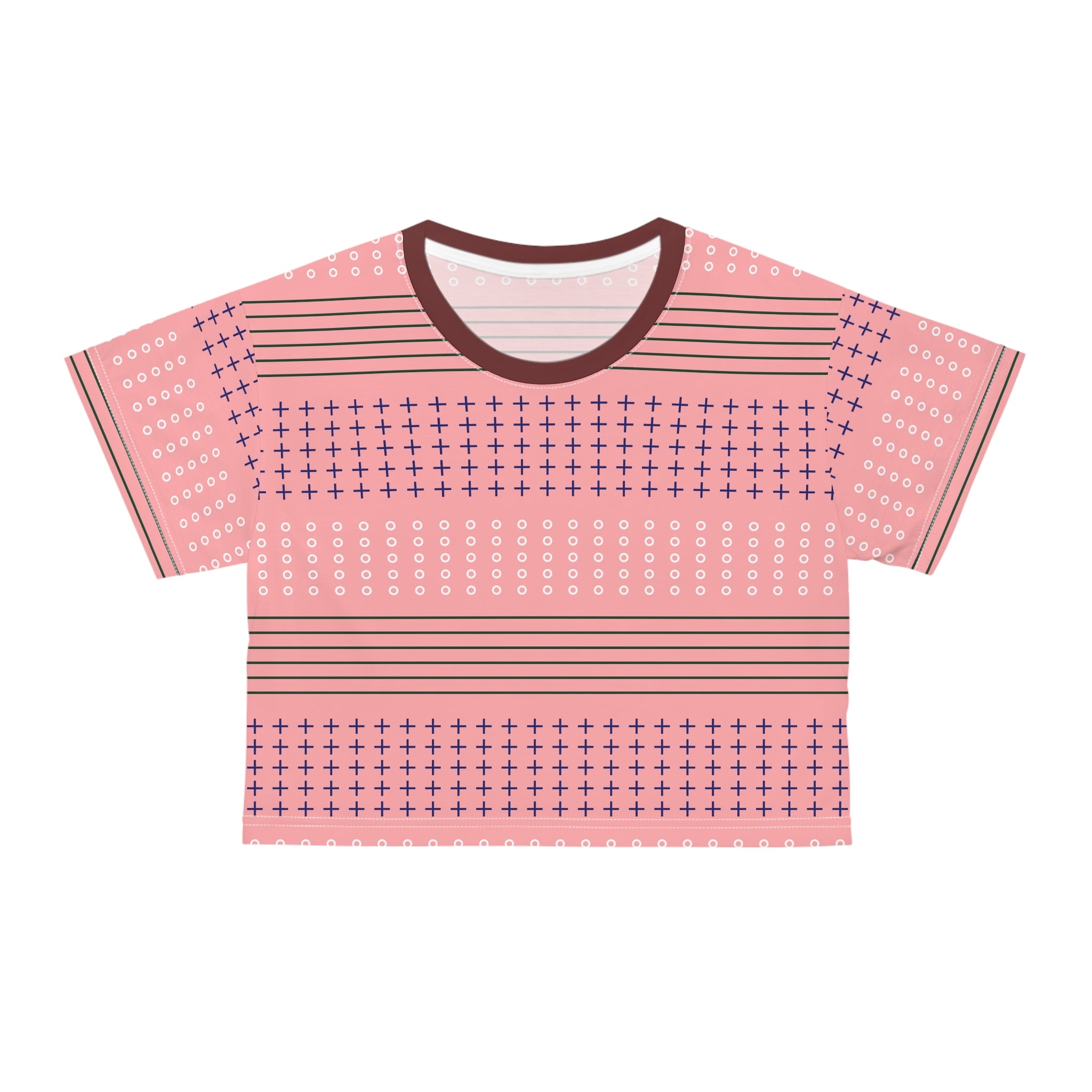Pink Geometric Crop Tee — Retro Stripe & Cross Pattern Crop Top
