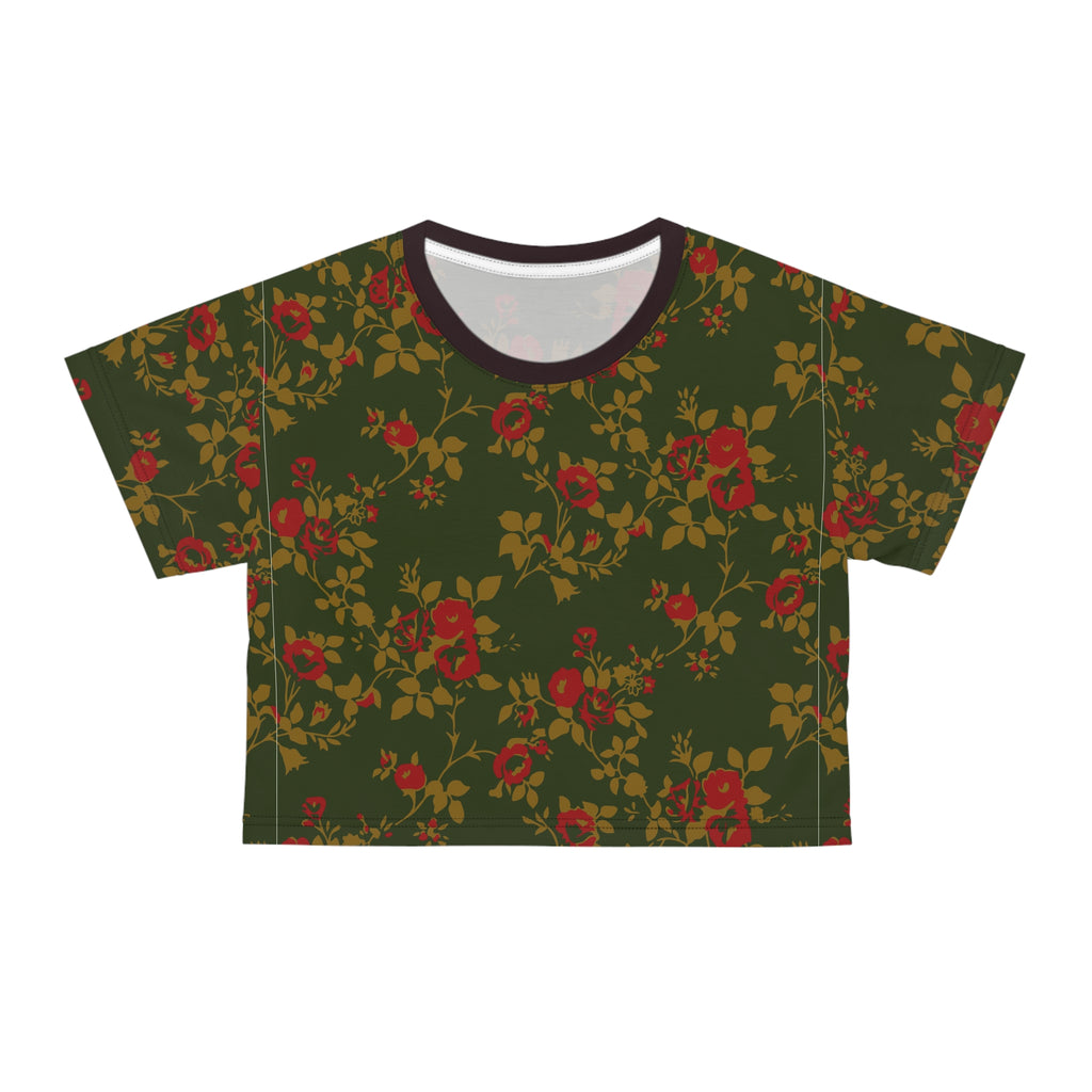 Floral Vintage Rose Crop Tee — Green All-Over Print