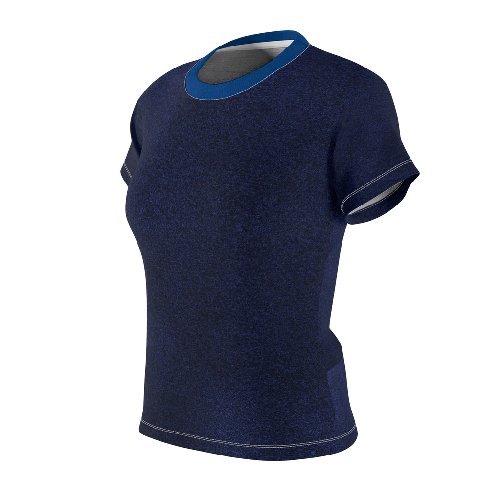 A short-sleeve crewneck t-shirt in dark heathered navy blue, featuring a contrasting medium blue ribbed collar and sleeve cuffs, shown on a plain white background.