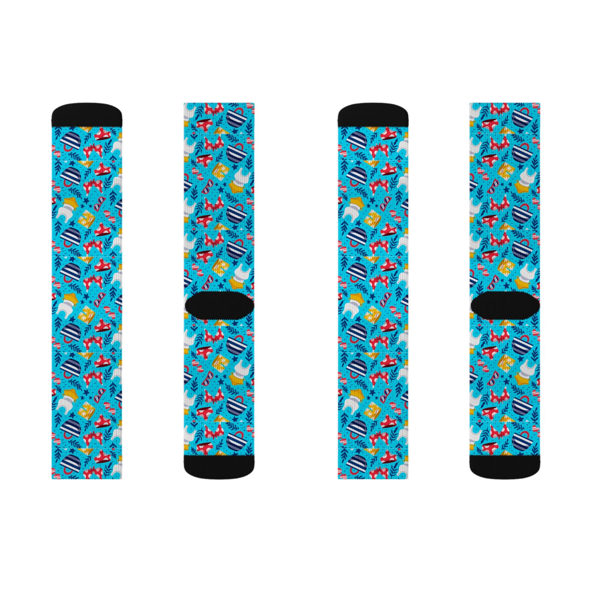 Blue Tropical Flamingo Socks – Sublimation Crew Socks with Palm Leaves & Hibiscus Print
