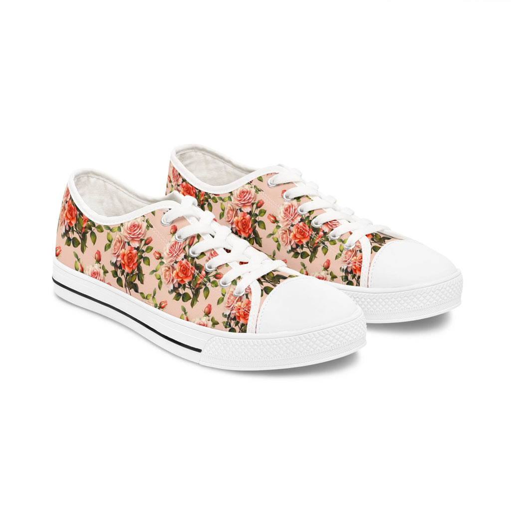 Floral Rose Pattern Women's Low Top Sneakers — Vintage Pink Garden Print