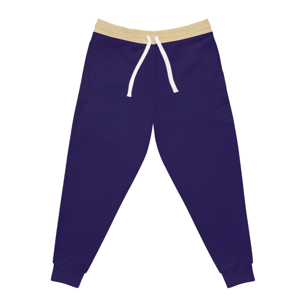 A pair of dark purple jogger pants with a beige elastic waistband and white drawstrings, shown flat on a white background.
