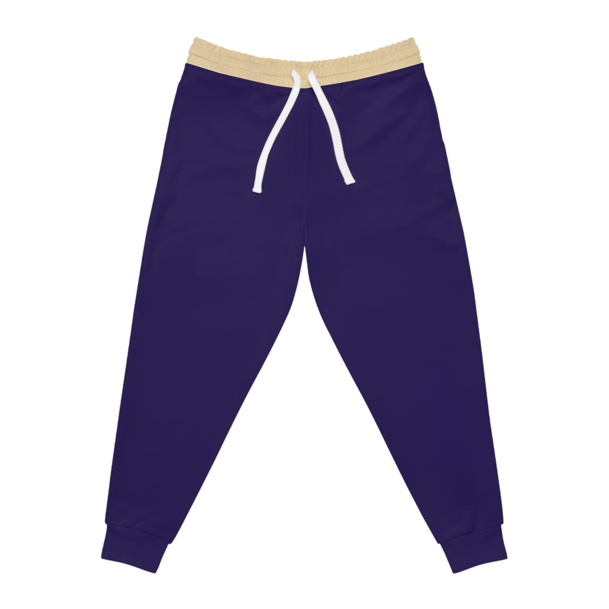 A pair of dark purple jogger pants with a beige elastic waistband and white drawstrings, shown flat on a white background.