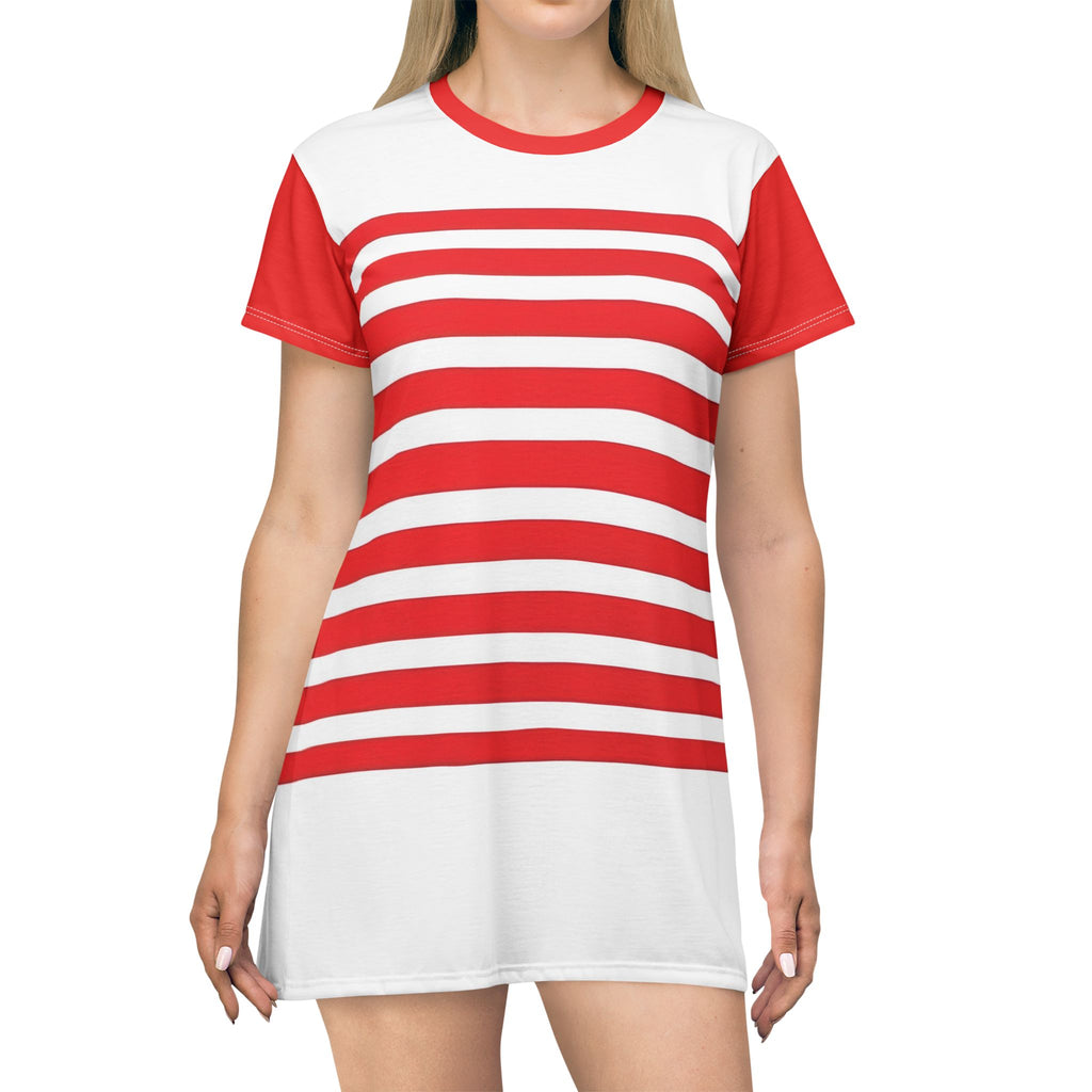 Red & White Striped T-Shirt Dress — Nautical Casual A-Line Summer Dress