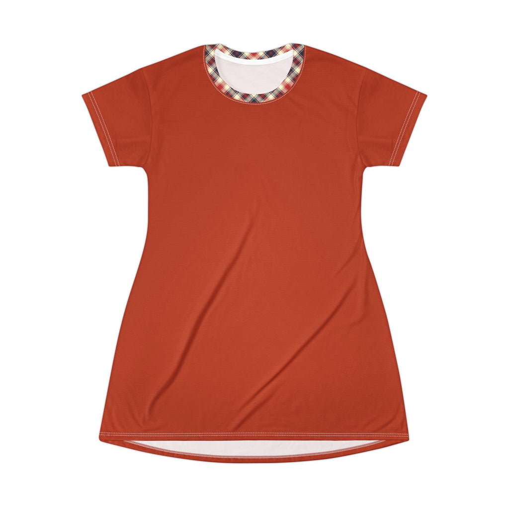 A women's short-sleeve t-shirt dress in a burnt orange color, featuring a curved hem and a plaid patterned inner collar, shown against a plain white background.