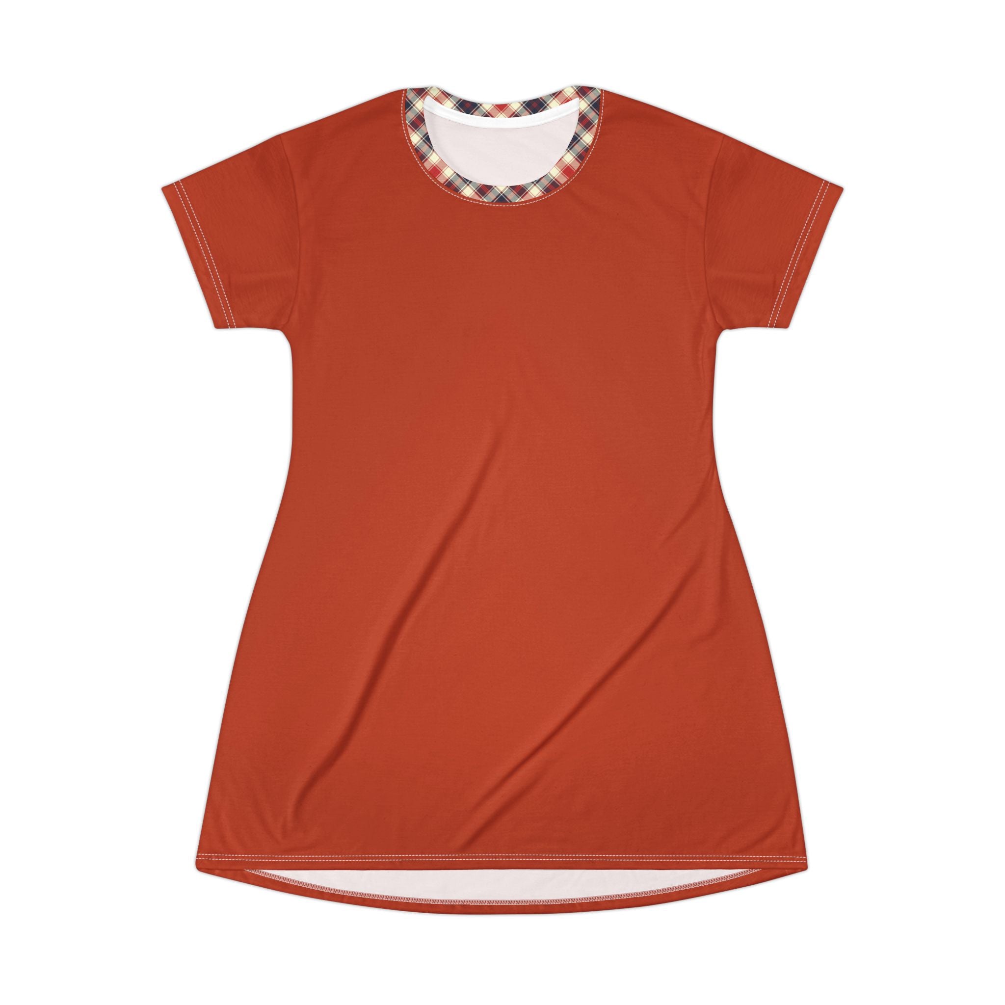 A women's short-sleeve t-shirt dress in a burnt orange color, featuring a curved hem and a plaid patterned inner collar, shown against a plain white background.