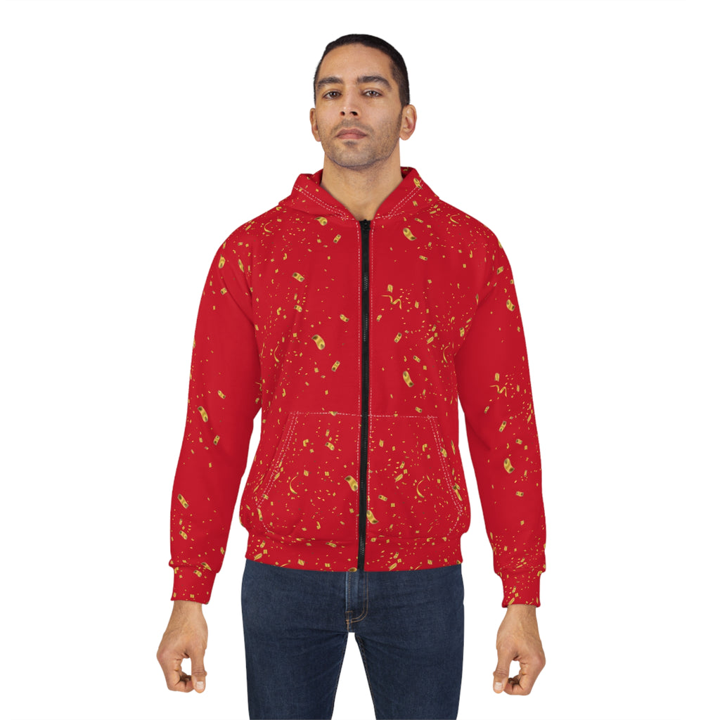 Gold Paint Splatter Confetti Red Zip Hoodie | Splatter Pattern Hoodie
