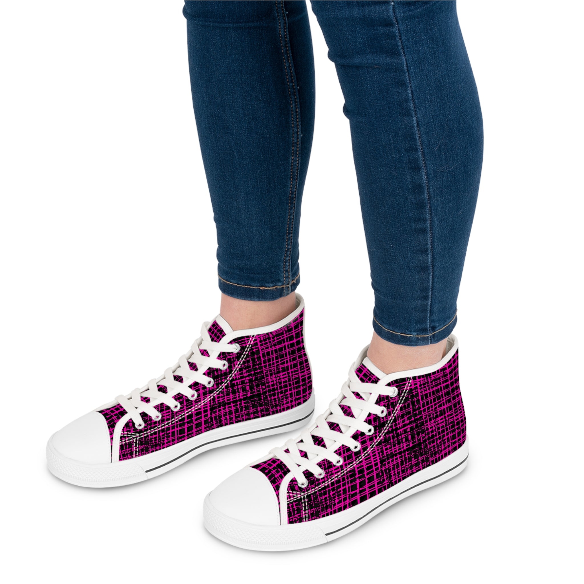 Women's High Top Sneakers — Pink Plaid Grunge Pattern