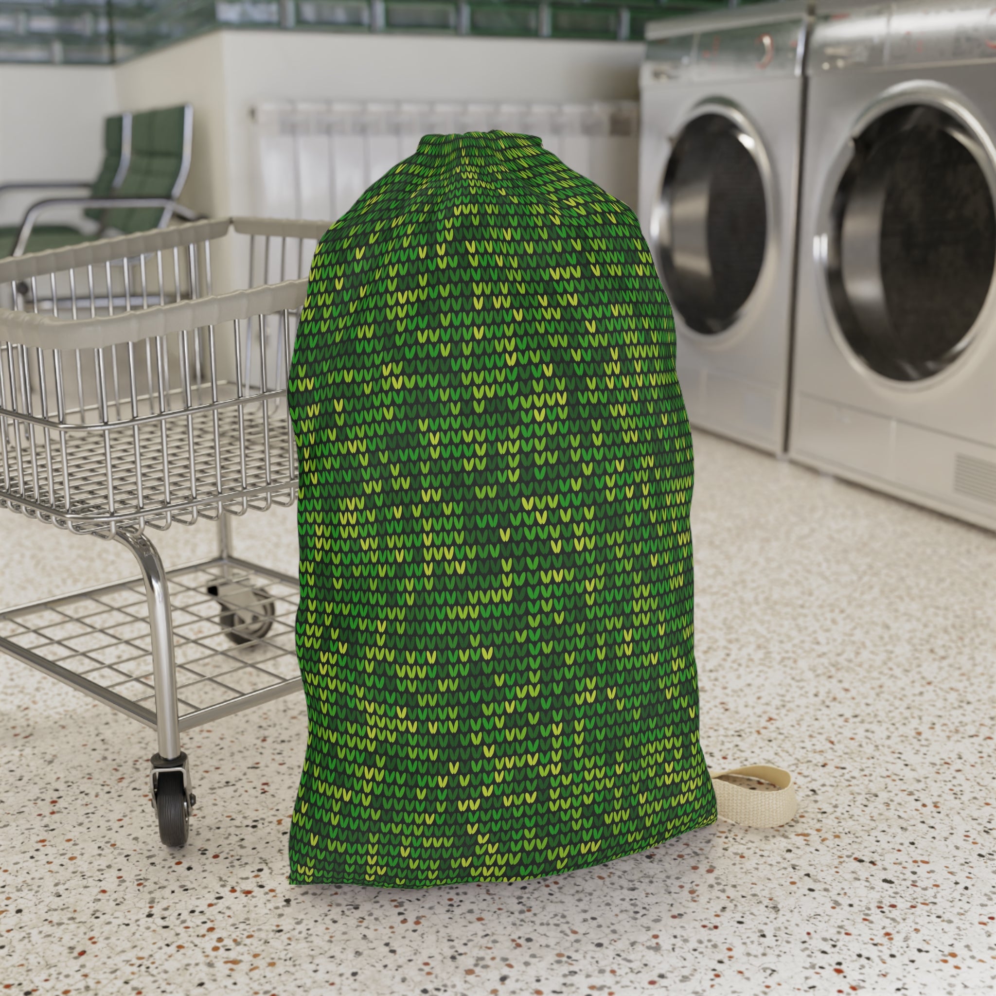 Green Knit Pattern Laundry Bag — Drawstring Travel & Storage Sack