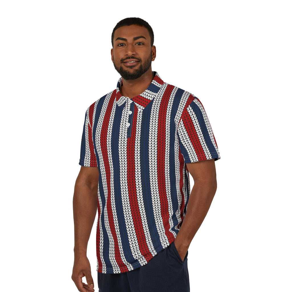 Striped Knit-Pattern Polo Shirt — Red, White & Navy Casual Polo
