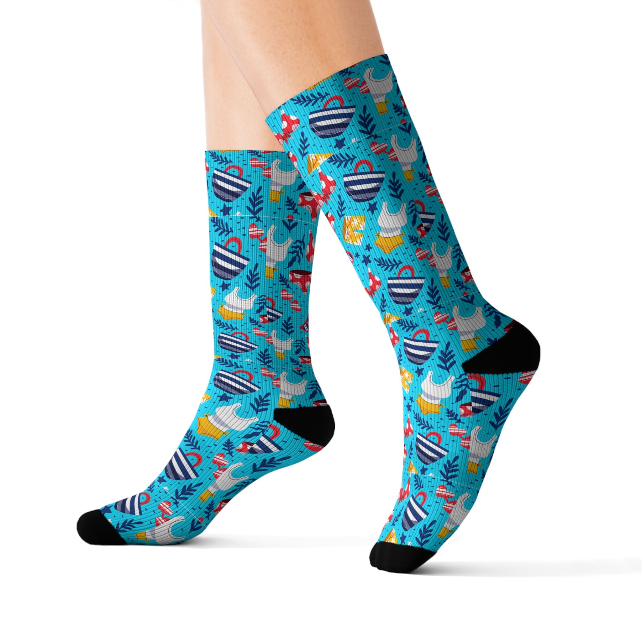 Blue Tropical Flamingo Socks – Sublimation Crew Socks with Palm Leaves & Hibiscus Print