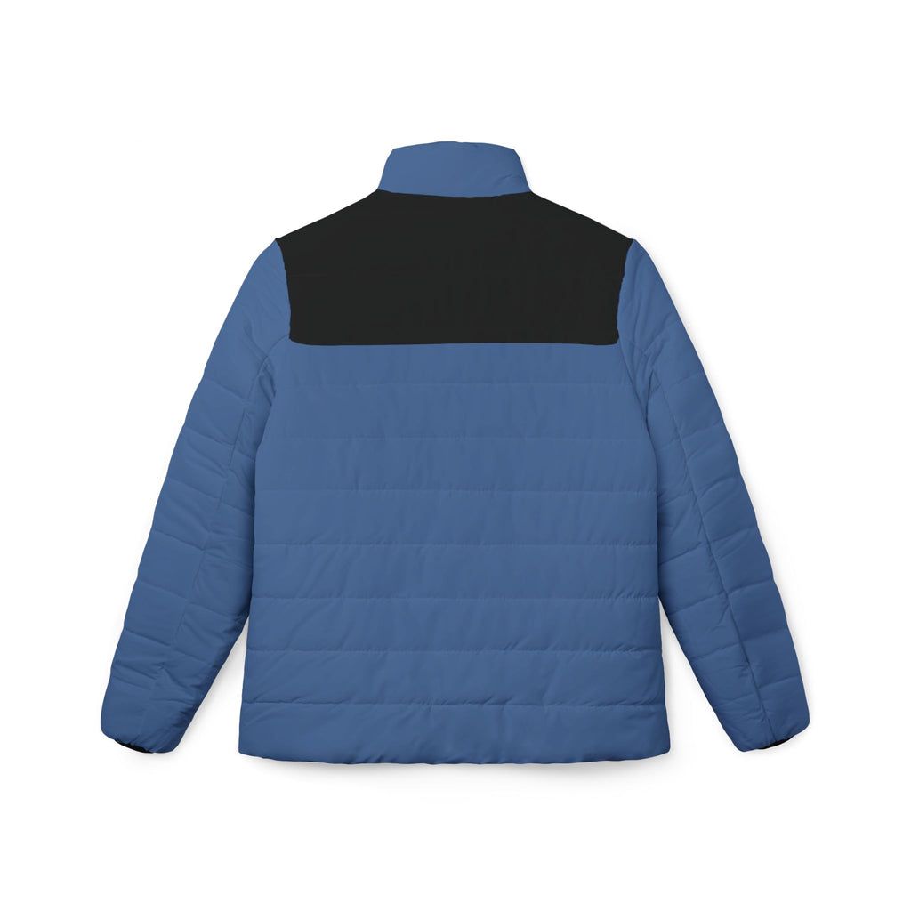 A blue quilted puffer jacket shown from the back, featuring a solid black yoke panel across the upper back and a matching blue collar, photographed on a clean white background.
