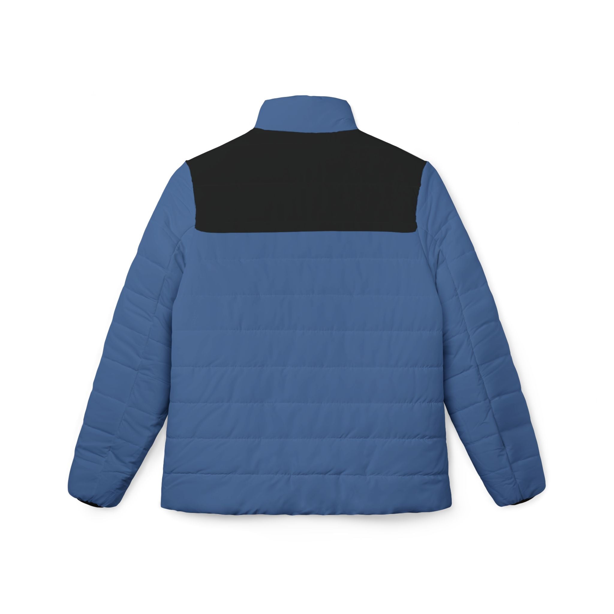 A blue quilted puffer jacket shown from the back, featuring a solid black yoke panel across the upper back and a matching blue collar, photographed on a clean white background.
