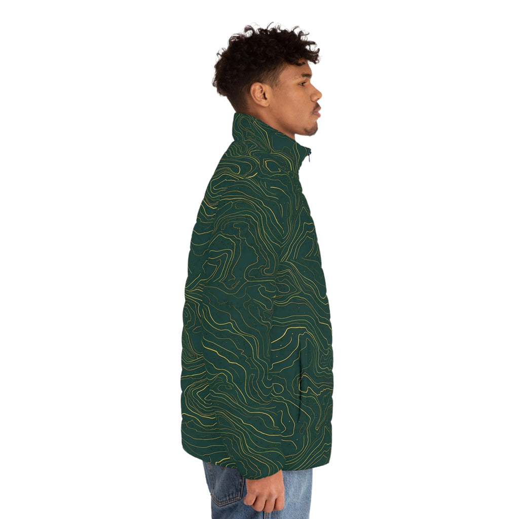 Topographic Line Pattern Puffer Jacket | Green Contour Map Design
