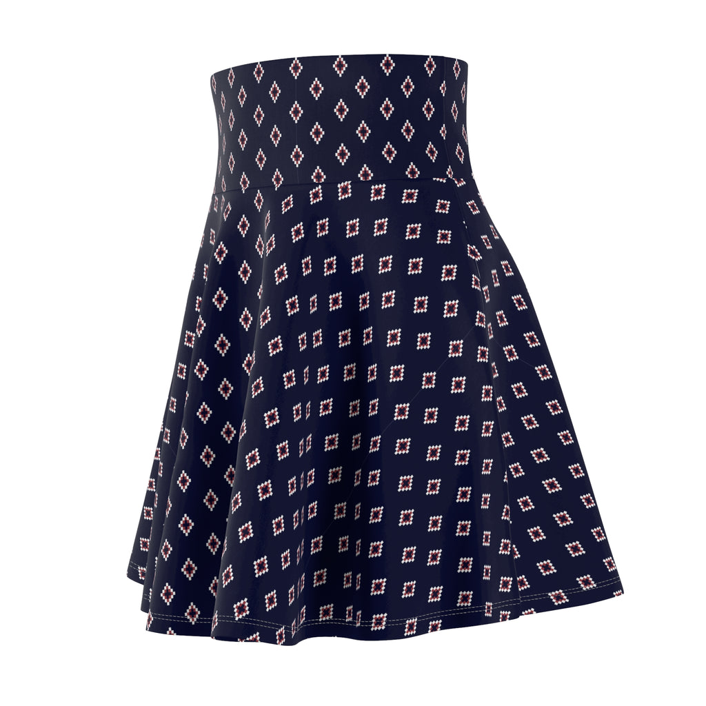 Navy Geo Diamond Skirt – Retro Mod Pattern, High-Waist Flared A-Line