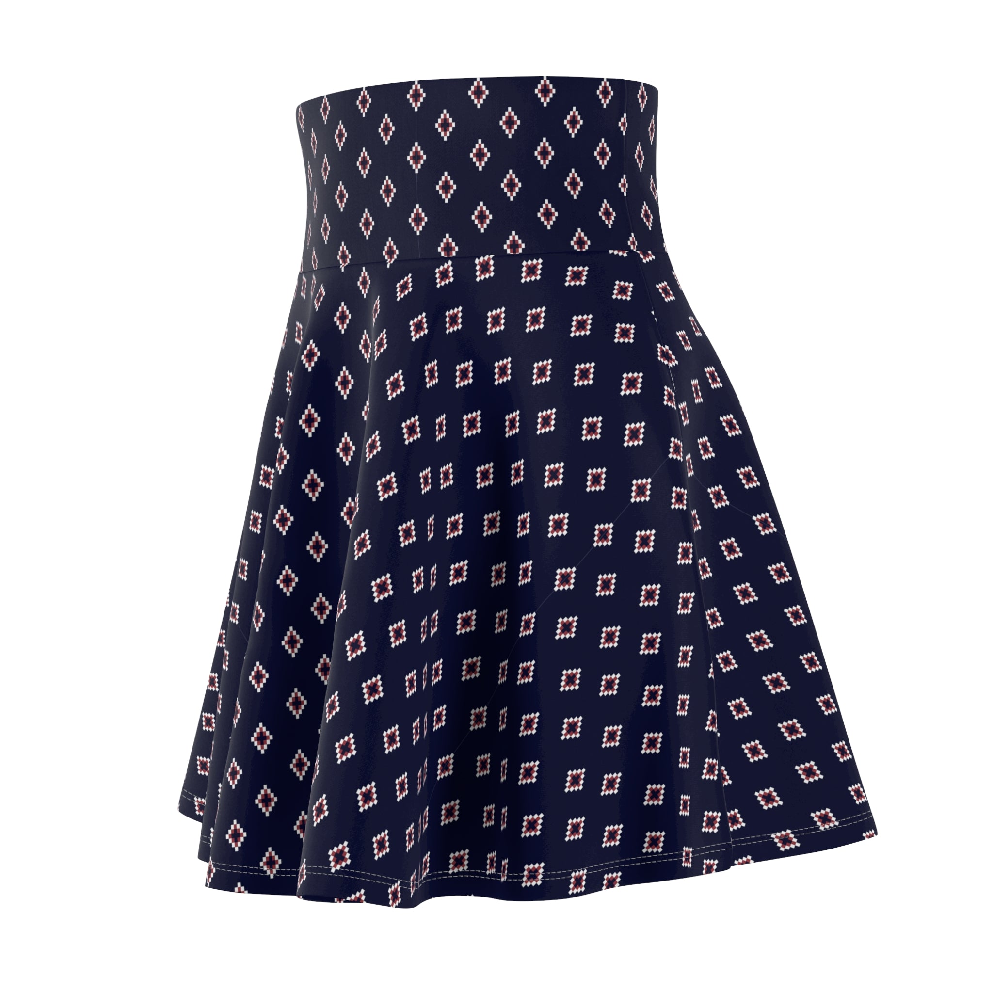 Navy Geo Diamond Skirt – Retro Mod Pattern, High-Waist Flared A-Line