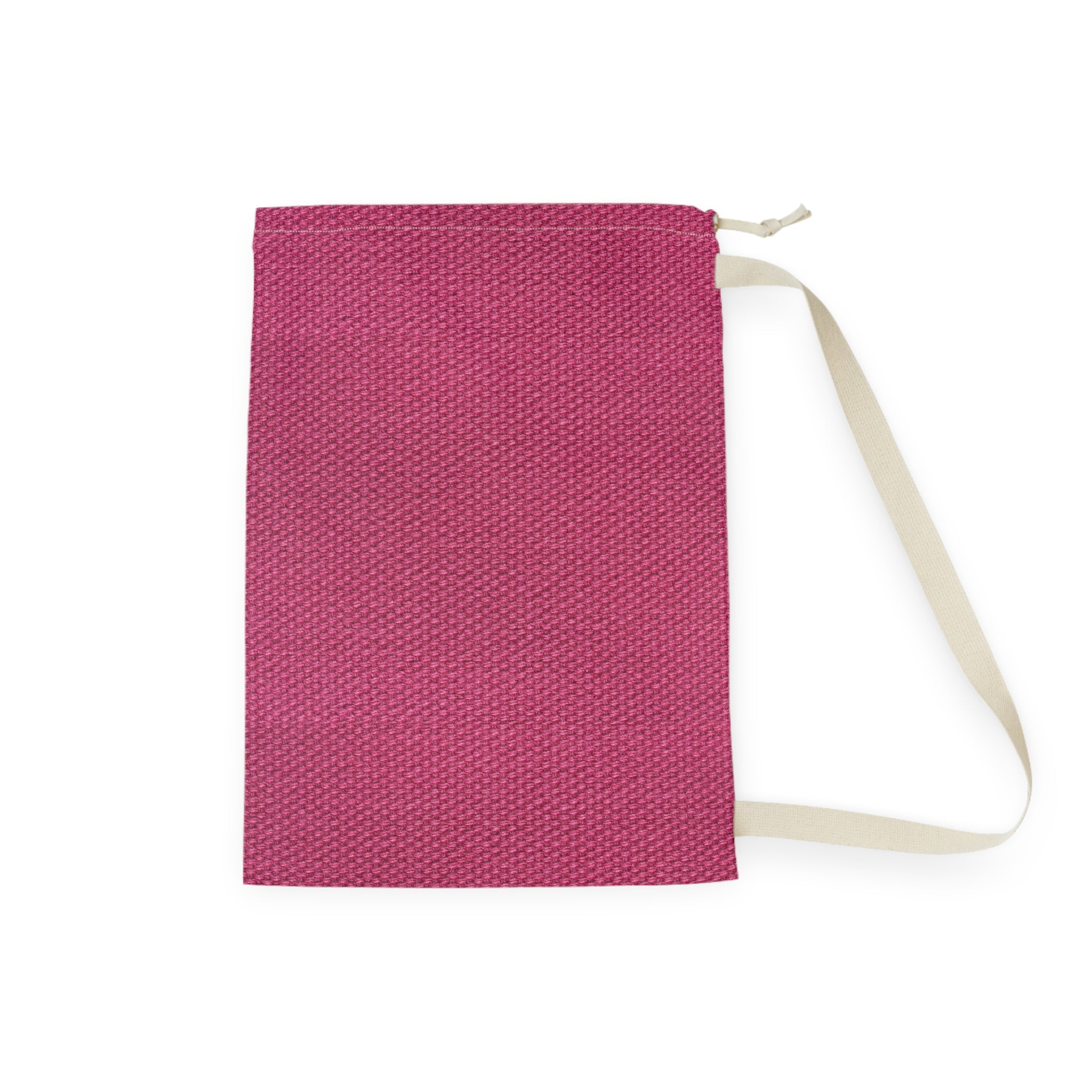 A rectangular drawstring pouch in a textured magenta pink fabric, featuring a cream-colored strap and zipper pull, shown on a plain white background.
