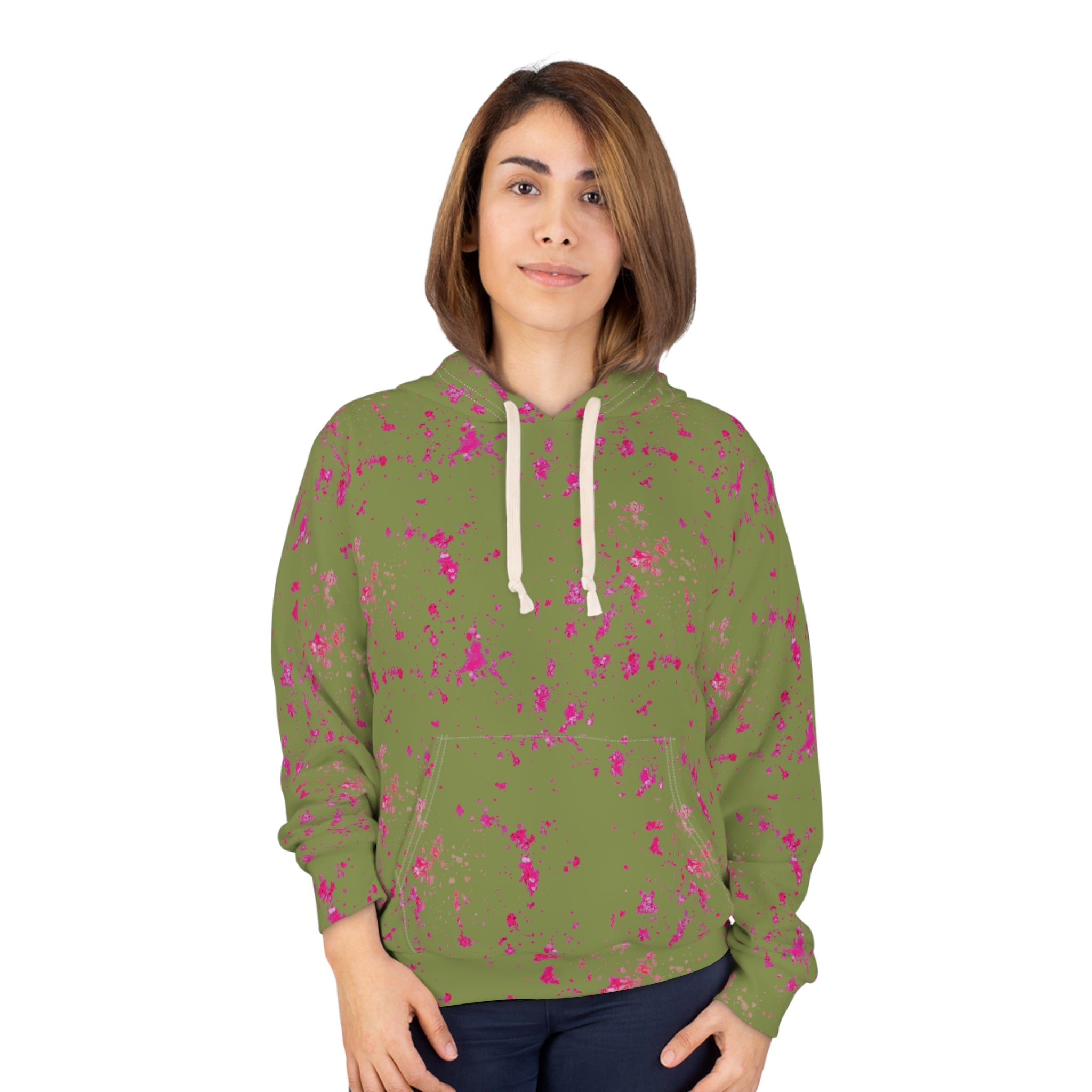 Green & Pink Paint Splatter Hoodie -  Casual Pullover